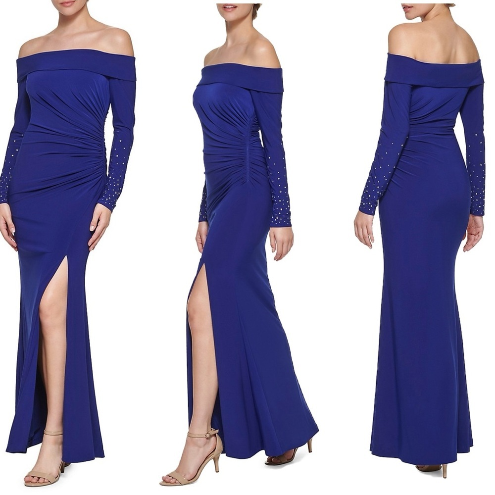 VINCE CAMUTO Cobalt Royal Blue Rhinestone Embellished Off-Shoulder Gown dress 8
